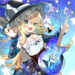 1girl album_cover album_name alternate_costume arm_warmers black_bow blonde_hair blush bow braid breasts circle_name cleavage clothing_request commentary_request cover electric_guitar english_text fang gibson_les_paul guitar hair_bow hat hat_bow highres holding holding_guitar holding_instrument holding_plectrum instrument jewelry kirisame_marisa long_hair looking_at_viewer open_mouth plectrum ring shinra-bansho side_braid single_braid skin_fang smile solo star_(symbol) starry_sky_print striped_arm_warmers tamagogayu1998 touhou very_long_hair witch_hat