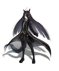 Rule 34 | 1girl, absurdres, ahoge, animal ears, belt, black belt, black choker, black coat, black gloves, black shirt, black skirt, choker, closed mouth, coat, collared shirt, ear tag, earrings, floating hair, gloves, hair between eyes, hair over one eye, hair ribbon, highres, horse ears, horse girl, horse tail, jewelry, long bangs, long hair, long hair between eyes, manhattan cafe (umamusume), multicolored hair, nail polish, necktie, open clothes, open coat, pleated skirt, ribbon, shirt, simple background, single earring, skirt, smile, solo, standing, tail, thefatum, umamusume, very long hair, white background, white hair, yellow necktie