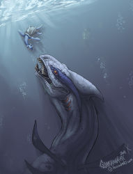 colored_sclera creatures_(company) dated fangs flippers game_freak gen_1_pokemon gen_2_pokemon gills guardianofire horns lapras legendary_pokemon lugia nintendo no_humans pokemon pokemon_(creature) realistic red_sclera shell single_horn size_difference underwater yellow_eyes