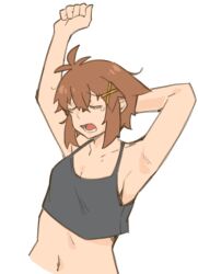 Rule 34 | 1girl, arms up, black camisole, brown hair, camisole, closed eyes, commentary, fukana miyu (kokuya28), hair ornament, kokuya (kokuya28), lower teeth only, midriff, navel, open mouth, original, short hair, simple background, solo, teeth, tomboy, upper body, white background, x hair ornament, yawning