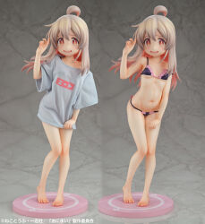 Rule 34 | 1girl, absurdres, ahoge, bare legs, bare shoulders, bikini, blue shirt, breasts, copyright notice, figure, full body, hair between eyes, highres, long hair, multiple views, navel, official art, onii-chan wa oshimai!, open mouth, oversized clothes, oyama mahiro, photo (medium), red eyes, shirt, shirt tug, single bare shoulder, small breasts, solo, standing, stomach, swimsuit, wide sleeves