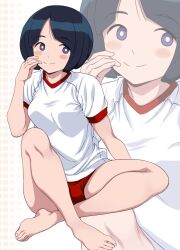 1girl bare_shoulders barefoot black_hair blue_eyes bob_cut buruma commission faceless faceless_male feet gundam gundam_gquuuuuux gym_shirt gym_uniform indian_style looking_at_viewer mature_female no_sclera ponzu_rui red_buruma shiiko_sugai shirt short_hair sideways_glance sitting skeb_commission solo t-shirt toes white_shirt zoom_layer