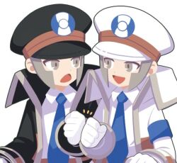 Rule 34 | 2boys, :d, black coat, black hat, blue necktie, brothers, clenched hands, coat, collared shirt, emmet (pokemon), gloves, grey eyes, grey hair, hat, high collar, ingo (pokemon), male focus, multiple boys, necktie, nintendo, open clothes, open coat, open mouth, peaked cap, pokemon, pokemon bw, seku 000, shirt, short hair, siblings, simple background, smile, upper body, white background, white coat, white gloves, white hat, white shirt