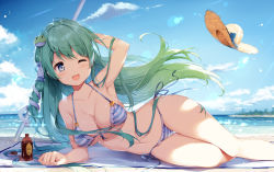 1girl ;d arm_up armpits bare_arms bare_legs bare_shoulders beach bikini blue_eyes blue_sky blush breasts cleavage cloud collarbone commentary_request day feet_out_of_frame female_focus frill_trim frilled_bikini frills frog_hair_ornament front-tie_bikini_top front-tie_top green_hair hair_ornament hair_tubes halterneck hand_in_own_hair hat horizon kochiya_sanae large_breasts long_hair looking_at_viewer lying miyase_mahiro navel ocean on_side one_eye_closed open_mouth outdoors side-tie_bikini_bottom sky smile snake_hair_ornament solo stomach straw_hat string_bikini striped_bikini striped_clothes sun_hat swimsuit tanning_oil thigh_gap thighs touhou very_long_hair