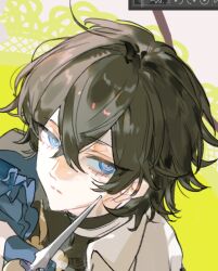 1boy black_hair blue_eyes collared_shirt hair_between_eyes holding knife looking_at_viewer male_focus original portrait qyzhiaiyisheng shirt short_hair solo turtleneck