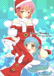 2015 2girls blue_background blue_hair blush breasts buttons christmas closed_mouth commentary_request cowboy_shot dress fur-trimmed_dress fur_trim ginn0613v green_eyes hat lap_pillow large_breasts long_hair low-tied_long_hair medium_breasts merry_christmas multiple_girls open_mouth pink_hair ragnarok_online red_dress red_hat santa_costume santa_hat short_hair smile star_(symbol) stuffed_animal stuffed_toy teddy_bear yellow_eyes
