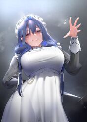 Rule 34 | 1girl, absurdres, apron, arm behind back, beckoning, black dress, blue eyes, blue hair, commentary, dress, english commentary, hair intakes, hair ribbon, hat, highres, holding, holding knife, hololive, hololive english, knife, long hair, low twintails, maid apron, meoniac, mob cap, official alternate costume, official alternate hairstyle, ouro kronii, ouro kronii (maid), ribbon, solo, twintails, virtual youtuber, white apron, white ribbon