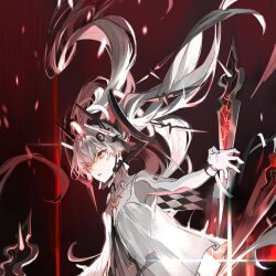 Rule 34 | 1girl, absurdres, bodysuit, breasts, chin guard, cross-shaped pupils, dress, floating, floating headgear, floating object, floating weapon, grey bodysuit, grey dress, grey eyes, headgear, highres, long hair, luna: laurel (pgr), luna (pgr), orange eyes, ponytail, punishing: gray raven, short dress, small breasts, solo, symbol-shaped pupils, very long hair