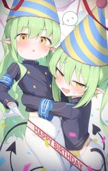 2girls absurdres armband balloon black_jacket black_tail blue_archive blue_armband blush confetti demon_girl demon_tail earrings fang gloves green_hair happy_birthday hat highres hikari_(blue_archive) jacket jewelry long_hair long_sleeves looking_at_viewer multiple_girls no_pants nozomi_(blue_archive) open_mouth pantyhose party_hat pita_goral pointy_ears shared_speech_bubble siblings sisters skin_fang speech_bubble spoken_sweatdrop sweatdrop tail twins twintails very_long_hair wavy_hair white_gloves white_pantyhose yellow_eyes