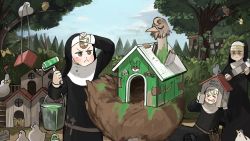&gt;_&lt; 3girls :&lt; belt bird blonde_hair bow branch breaking brown_eyes brown_hair bucket bug building bush butterfly chicken chisel clumsy_nun_(diva) commentary diva_(hyxpk) doghouse drooling duck duckling english_commentary evil_smile family flag froggy_nun_(diva) hair_bow hammer hatchlings hawk highres holding holding_paintbrush in_tree insect japanese_saw ladder ladle little_nuns_(diva) mini_flag mouth_hold multiple_girls nest nun open_mouth ostrich outdoors paint paint_splatter paintbrush pigeon plant red_bow roller_brush rooftop rope saw shaded_face sign sky slice_of_life smile spicy_nun_(diva) spread_wings stuck sweatdrop tearing_up traditional_nun tree utility_belt vines whistle wiping_sweat wood yellow_eyes