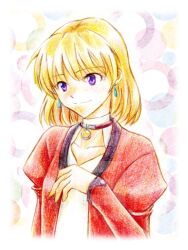 1girl ac_mitsuhachi38 blonde_hair blue_eyes earrings jacket jewelry long_sleeves lost_universe millennium_feria_nocturne puffy_long_sleeves puffy_sleeves red_jacket short_hair smile solo traditional_media