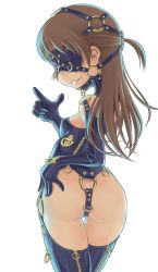 1girl ass bad_id bad_pixiv_id bdsm blindfold bondage bondage_outfit bound breasts brown_hair chain collar covered_erect_nipples crotch_strap d_rings elbow_gloves female_focus finger_gun flat_chest gloves gokujou!!_mecha_mote_iinchou harness highres kitagami_mimi leather loli long_hair looking_back posture_collar sekihan slave small_breasts smile solo strap thigh_gap thighhighs zipper