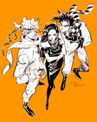 Rule 34 | 1girl, 2boys, battle tendency, black dress, blue eyes, caesar anthonio zeppeli, commentary, crossed arms, dated, dress, earrings, eyelashes, full body, gloves, headband, jewelry, jojo no kimyou na bouken, joseph joestar, joseph joestar (young), kotteri, lisa lisa, long hair, looking at another, looking at viewer, looking to the side, multiple boys, orange hair, pants, partially colored, scarf, shirt, shoes, short hair, sideburns, simple background, smile, strapless, strapless shirt, symbol-only commentary, tank top, vest