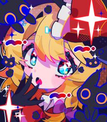 1girl :o artist_request black_cat black_gloves blonde_hair blue_eyes bow bowtie braid cat commission cookie_(touhou) fang gloves hair_between_eyes hair_bow kirisame_marisa looking_at_viewer meguru_(cookie) open_mouth purple_bow red_bow red_bowtie second-party_source short_hair side_braid single_braid solo sparkle touhou upper_body