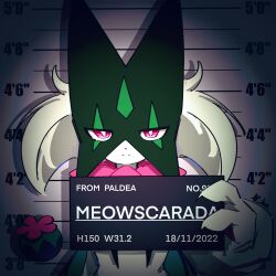 1other character_name closed_mouth commentary english_text frown height height_chart highres jitome meowscarada mugshot nintendo pink_eyes pokemon pokemon_(creature) solo split_mouth standing upper_body uuuuuuumbreon weight