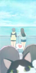4girls absurdres against_railing bang_dream! bang_dream!_it&#039;s_mygo!!!!! blue_hoodie blue_shorts blue_skirt brh brown_hair cat chinese_commentary cloud commentary_request day detached_sleeves from_behind grey_hair heart highres hood hood_down hoodie horizon jacket long_hair multiple_girls ocean outdoors railing shiina_taki short_hair shorts skirt three-quarter_sleeves spoken_heart takamatsu_tomori two-tone_hoodie white_jacket yellow_hoodie