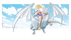 1girl absurdres blonde_hair blue_cape blue_eyes blush cape cloud dragon final_fantasy final_fantasy_v full_body highres incredibly_absurdres krile_mayer_baldesion_(ff5) leotard long_hair looking_at_viewer momo_oddeye open_mouth pink_leotard ponytail smile thighhighs