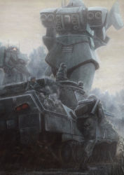 3boys acrylic_paint_(medium) caterpillar_tracks gundam male_focus mecha military military_vehicle mobile_suit_gundam motor_vehicle multiple_boys nyaou painting_(medium) rain robot soldier tank traditional_media vehicle war zaku zaku_ii