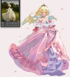 1girl bare_shoulders blonde_hair blue_gemstone closed_eyes collarbone crown dress full_body gem gold_crown highres long_hair mario_(series) nachoz_(nachozart) nintendo open_mouth photo-referenced pink_dress pink_ribbon princess_peach ribbon smile solo teeth twitter_username white_background