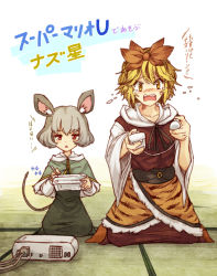 Rule 34 | 2girls, animal ear fluff, animal ears, animal print, black dress, black hair, black neckwear, blonde hair, blush, capelet, controller, crying, dress, flying teardrops, full body, game console, grey hair, hair ornament, holding, holding controller, indoors, jitome, long sleeves, looking at viewer, mouse ears, mouse tail, multicolored hair, multiple girls, nazrin, neck ribbon, open mouth, red dress, red eyes, ribbon, seiza, shirt, short sleeves, sitting, streaked hair, stylus, tail, tiger print, toramaru shou, touhou, translated, triangle mouth, two-tone hair, urin, white background, white shirt, wide sleeves, wii u, wii u gamepad, yellow eyes