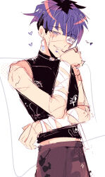 1boy alternate_costume bandaged_arm bandages black_hair blue_eyes blue_hair blue_nails crossed_arms eyepatch fingernails hand_up highres looking_at_viewer male_focus multicolored_hair nail_polish omokage_yugamu one_eye_covered open_mouth punk smile solo solo_focus standing tank_top teeth the_hundred_line_-last_defense_academy-