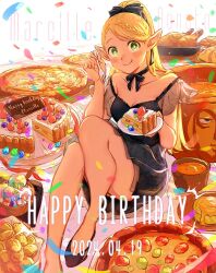 1girl anezu birthday birthday_cake black_camisole black_dress black_footwear black_ribbon blonde_hair bowl breasts cake cake_slice camisole character_name cheese chicken_(food) cleavage coin commentary confetti dated dress dryad_fruit_(dungeon_meshi) dungeon_meshi eating elf english_text food fork frilled_camisole frills fruit green_eyes happy_birthday holding holding_fork holding_plate light_blush long_hair looking_at_viewer marcille_donato medium_breasts omelet pizza plate pointy_ears ponytail puffy_cheeks ribbon simple_background sitting smile sorbet soup strawberry swept_bangs tart_(food) treasure_bug_(dungeon_meshi) vegetable very_long_hair white_background