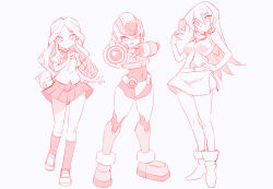 3girls aile_(mega_man_zx) aiming aiming_at_viewer arm_cannon armor breasts card character_request copyright_request crotch_plate duel_academy_uniform_(yu-gi-oh!_gx) forehead_jewel greyscale group_picture helmet holding holding_card kaidou_zx kobayashi_sanae long_hair medium_breasts mega_man_(series) mega_man_zx miniskirt model_x_(mega_man) monochrome multiple_girls red_theme shirt simple_background skirt tenjouin_asuka trading_card vest voice_actor_connection weapon white_background yu-gi-oh! yu-gi-oh!_gx