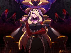 1girl black_dress blonde_hair breasts cleavage cynthia_(pokemon) cynthia_(sygna_suit)_(renegade)_(pokemon) dress gen_4_pokemon giratina giratina_(altered) grey_eyes hair_over_one_eye highres holding holding_poke_ball legendary_pokemon looking_at_viewer luxury_ball nail_polish nintendo nrg_98 official_alternate_costume poke_ball pokemon pokemon_(creature) pokemon_masters_ex wings