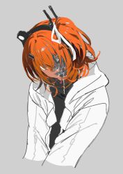 1girl a.i._voice absurdres adachi_rei android artificial_eye black_shirt cropped_torso grey_background hair_over_one_eye hair_ribbon head_tilt headlamp headphones highres hood hood_down hooded_jacket jacket long_sleeves looking_at_viewer mechabare mechanical_eye medium_hair natwjeq one_side_up open_clothes open_jacket open_mouth orange_eyes orange_hair radio_antenna ribbon shirt simple_background smile solo upper_body utau v_arms white_jacket white_ribbon