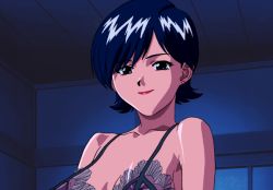1girl animated animated_gif bare_shoulders blue_eyes blue_hair bra breasts collarbone earrings eyebrows eyelashes female_focus jewelry lipstick looking_at_viewer makeup medium_breasts miki_(viper) parted_lips red_lips shiny_skin short_hair smile solo stud_earrings tagme underwear undressing upper_body viper_(series) viper_ctr