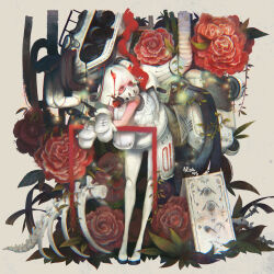 1girl absurdres artist_name commentary english_commentary flower highres horns leaf mask mouth_mask original red_flower red_horns ribs seok98 short_hair solo spine white_hair