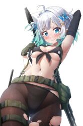 1girl absurdres arm_up armpits belt belt_pouch bikini black_bikini black_pantyhose blue_bow blue_eyes blush bow breasts commentary cosplay fang front-tie_bikini_top front-tie_top ghostenjoyerguy7007 gloves gradient_hair green_belt green_gloves green_hair gun gun_on_back hair_bow hair_ornament hairclip hashtag-only_commentary highres indie_virtual_youtuber looking_at_viewer medium_breasts metal_gear_(series) metal_gear_solid_v:_the_phantom_pain mint_fantome multicolored_hair navel pantyhose pointy_ears pouch quiet_(metal_gear) quiet_(metal_gear)_(cosplay) rifle short_hair simple_background skin_fang sniper_rifle solo stomach swimsuit thigh_strap torn_clothes torn_pantyhose triangular_headpiece two_side_up v-shaped_eyebrows virtual_youtuber wavy_hair weapon weapon_on_back white_background white_hair x_hair_ornament
