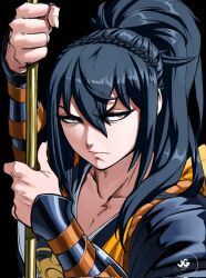 1girl black_hair fire_emblem fire_emblem_fates hair_between_eyes highres holding holding_polearm holding_weapon initial jgeorgedrawz long_hair looking_to_the_side nintendo oboro_(fire_emblem) polearm ponytail portrait solo weapon