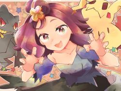 1girl :d acerola_(pokemon) banette blue_dress claw_pose collarbone commentary_request creatures_(company) dress eyelashes flipped_hair game_freak gen_3_pokemon gen_7_pokemon hair_ornament hairclip hands_up looking_at_viewer mimikyu misha_(ohds101) multicolored_dress nintendo open_mouth pokemon pokemon_(creature) pokemon_sm purple_hair short_sleeves smile star_(symbol) stitches tongue topknot torn_clothes torn_dress