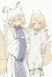 2girls :d animal_ears blonde_hair closed_mouth dress eyes_visible_through_hair fox_ears fox_girl fox_shadow_puppet fox_tail grey_background hair_over_one_eye hat highres kudamaki_tsukasa long_sleeves looking_at_another multiple_girls multiple_tails open_mouth short_hair smile tabard tail touhou white_dress yakumo_ran yellow_eyes yuki_(popopo)