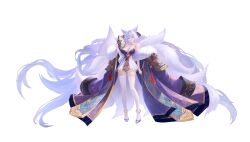 1girl absurdly_long_hair absurdres breasts fox_girl gold_trim hand_fan highres holding holding_fan japanese_clothes kimono large_breasts long_hair miniskirt mountain_print original pleated_skirt print_kimono simple_background skirt transparent_background very_long_hair white_hair white_skirt zuic