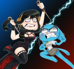 2girls angry benny_bee black_dress black_gloves black_hair blue_fur boots breasts cat_girl cat_tail cleavage clenched_teeth collared_shirt crossover dress fingerless_gloves furry furry_female gloves high_heel_boots high_heels holding holding_weapon large_breasts multiple_girls nicole_watterson pleated_skirt red_eyes shirt skirt spy_x_family tail teeth the_amazing_world_of_gumball thigh_boots toon_(style) weapon yor_briar