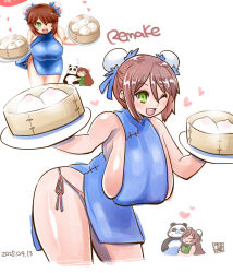 2girls alternate_breast_size alternate_costume blush breasts brown_hair bun_cover china_dress chinese_clothes commentary_request cowboy_shot dated double_bun dress food green_eyes hair_bun heart highres holding_bamboo_steamer huge_breasts itini-sanshi leaning_forward looking_at_viewer multiple_girls one_eye_closed open_mouth panda redrawn rozen_maiden short_hair siblings simple_background sisters smile souseiseki steamed_bun suiseiseki twins white_background