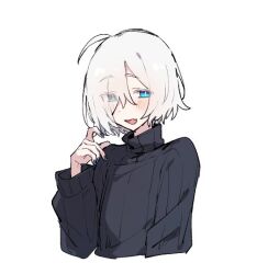 Rule 34 | 1girl, ahoge, alternate hair length, alternate hairstyle, azuma shino, black nails, black sweater, blue eyes, blush, bright pupils, cropped torso, eyes visible through hair, fang, flat chest, hair over one eye, hand up, long sleeves, looking at viewer, nowareno (azuma shino), one eye covered, open mouth, original, ribbed sweater, romaji commentary, short hair, simple background, slit pupils, smile, solo, sweater, turtleneck, turtleneck sweater, white background, white hair, white pupils