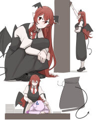 Rule 34 | 2girls, absurdres, bat wings, black shoes, black skirt, black vest, book, book stack, bookshelf, covering with blanket, demon tail, dress, expressionless, from side, hair between eyes, hat, highres, koakuma, long hair, long sleeves, looking at viewer, mata (matasoup), mob cap, multiple girls, necktie, patchouli knowledge, pink dress, purple hair, red eyes, red hair, red necktie, shirt, shoes, skirt, sleeping, sleeping on desk, smile, socks, squatting, tail, touhou, vest, white shirt, white socks, wings