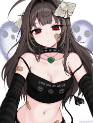 1girl ahoge animal animal_on_head artist_name bandaid bandaid_on_arm bandaid_on_cheek bandaid_on_face bare_shoulders black_arm_warmers black_shirt brown_hair bug cable cable_tail choker circuit_board closed_mouth commentary cropped_shirt earrings electric_plug electric_plug_tail hair_intakes heart heart_necklace highres insect jewelry long_hair looking_at_viewer mechanical_tail midriff moth navel necklace on_head original red_eyes safety_pin_earring shirt sleeveless sleeveless_shirt solo spaghetti_strap spiked_choker spikes strap_slip striped_arm_warmers tail upper_body vickie_(cryingrobot) vickie_(cryingrobot)_(character) you_are_an_idiot_(virus)
