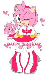 2girls amy_rose boots bracelet chao_(sonic) dress gloves heart heart_hands highres jewelry legs medium_hair multiple_girls one_eye_closed pink_fur pink_hair red_dress sega smile sonic_(series) sonic_adventure standing wink
