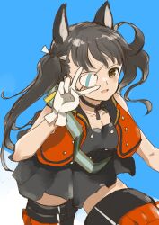 1girl alternate_costume alternate_hairstyle animal_ears aviation_magic_band black_hair black_skirt blue_background brown_eyes dog_ears dog_girl eyepatch gloves highres long_hair murayama_kei open_mouth red_vest sakamoto_mio simple_background skirt solo standing strike_witches striker_unit twintails v vest white_gloves world_witches_series