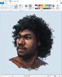 Rule 34 | 1boy, afro, art program in frame, averting eyes, beard, black hair, blue background, christian young, commentary, curly hair, dark-skinned male, dark skin, english commentary, facial hair, facing viewer, landscape, male focus, microsoft paint (medium), microsoft paint (software), original, painterly, portrait, screencap, simple background, solo, wrinkled skin