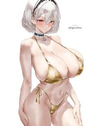 1girl absurdres azur_lane bikini blush breasts choker closed_mouth cowboy_shot gold_bikini hairband highres huge_breasts igiroitsu looking_at_viewer micro_bikini navel red_eyes simple_background sirius_(azur_lane) solo stomach swimsuit white_background white_hair