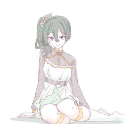 1girl belt belt_buckle black_belt boots buckle closed_mouth dress green_hair green_skirt grey_shirt hair_between_eyes highres knee_boots long_sleeves puffy_long_sleeves puffy_sleeves purple_eyes seila_rei shadow shirt side_ponytail simple_background sitting skirt smile solo sousou_no_frieren ubel_(sousou_no_frieren) white_background white_boots white_dress yokozuwari