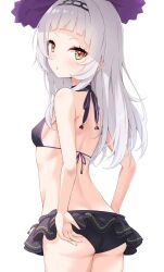 1girl absurdres ass back bare_arms bikini bikini_skirt black_bikini blunt_bangs blush breasts brown_eyes butt_crack commentary english_commentary enru hairband highres hololive loli long_hair looking_at_viewer looking_to_the_side murasaki_shion murasaki_shion_(hololive_summer_2019) parted_lips shoulder_blades sideboob simple_background small_breasts solo standing swimsuit virtual_youtuber white_background white_hair
