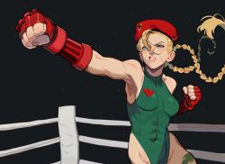 Rule 34 | 1girl, abs, absurdres, bare shoulders, beret, blonde hair, blue eyes, bodypaint, boxing ring, braid, breasts, cammy white, clenched teeth, covered abs, covered erect nipples, covered navel, curvy, facial scar, fingerless gloves, gauntlets, gloves, green leotard, hair between eyes, hat, highleg, highleg leotard, highres, leotard, long hair, medium breasts, muscular, muscular female, parted lips, porqueloin, punching, red gloves, scar, scar on arm, scar on cheek, scar on face, shiny skin, sleeveless, solo, street fighter, street fighter 6, sweatdrop, teeth, thong leotard, toned, twin braids, twintails, wide hips