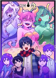 Rule 34 | + +, 4boys, 4girls, aubrey (headspace) (omori), aubrey (omori), ball, bare shoulders, black eyes, black hair, black tank top, blonde hair, blue shirt, blue skin, bow, breasts, bright pupils, cleavage, closed eyes, closed mouth, collarbone, colored skin, copyright name, def pin, earrings, gradient hair, green hair, green skin, grey hair, hair bow, hand on another&#039;s shoulder, hero (headspace) (omori), hero (omori), highres, holding, holding ball, jewelry, kel (headspace) (omori), kel (omori), large breasts, long hair, long sleeves, looking at viewer, marina (omori), medusa (omori), molly (omori), multicolored hair, multiple boys, multiple girls, necklace, omori, open mouth, pajamas, parted lips, pink bow, pink hair, pink skin, purple eyes, purple hair, rader (streamer), red eyes, scarf, sharp teeth, shirt, short hair, short sleeves, sweatdrop, t-shirt, tank top, teeth, tentacle hair, upper teeth only, white pupils, white skin, yellow eyes