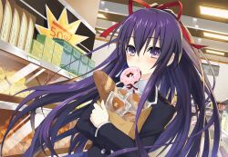 Rule 34 | 1girl, bag, baguette, black jacket, blazer, bread, ceiling light, collared shirt, date a live, date a live: spirit pledge, donut, food, food in mouth, game cg, grocery bag, hair ribbon, indoors, jacket, long hair, long sleeves, looking at viewer, neck ribbon, official art, purple eyes, purple hair, raizen high school uniform, red ribbon, ribbon, school uniform, shirt, shopping bag, solo, supermarket, third-party source, white shirt, yatogami tohka